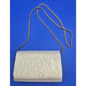 La Regale Gold Lame Evening Bag Satin Lined Gold Bead Strap 7x5x2"